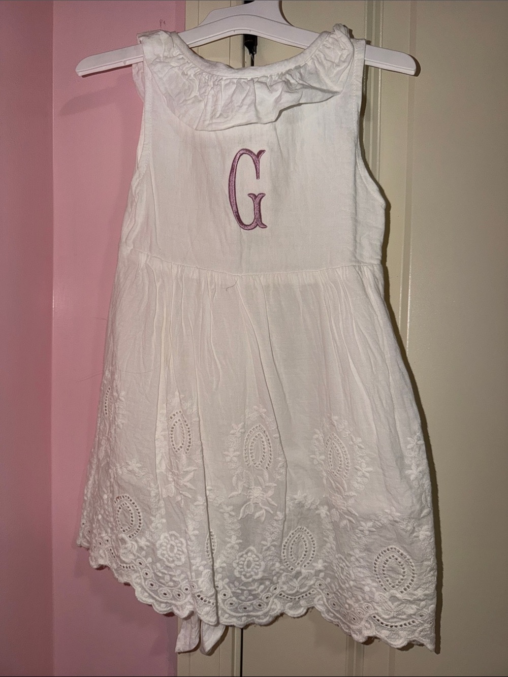 White Eyelet Ruffle Neck Dress with Lavender “G” Monogram